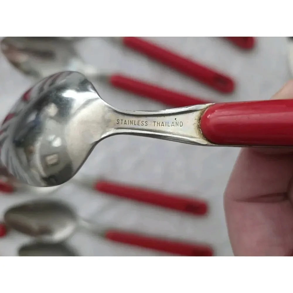 Vintage Stainless Red Hanging Flatware Set 24pc w Caddy Retro MCM Thailand